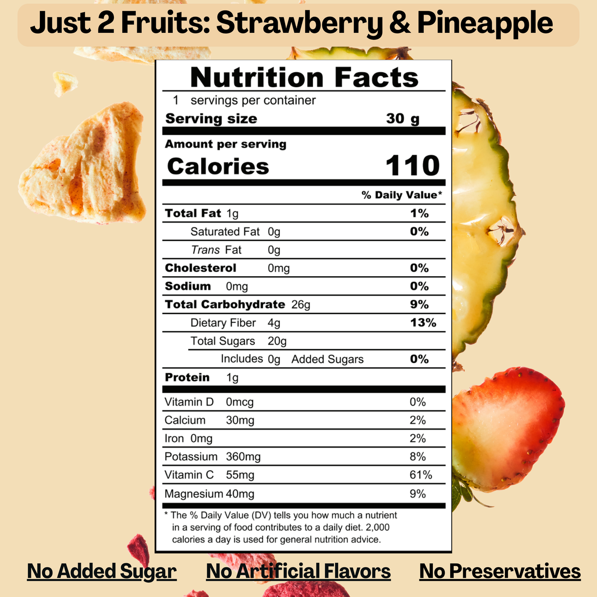 A nutrition facts label graphic for a fruit snack mix, with the text 'Just 2 Fruits: Strawberry & Pineapple' above a serving panel. The background shows sliced strawberries and pineapple on a beige backdrop, with promotional text at the bottom reading 'No Added Sugar', 'No Artificial Flavors', and 'No Preservatives'.