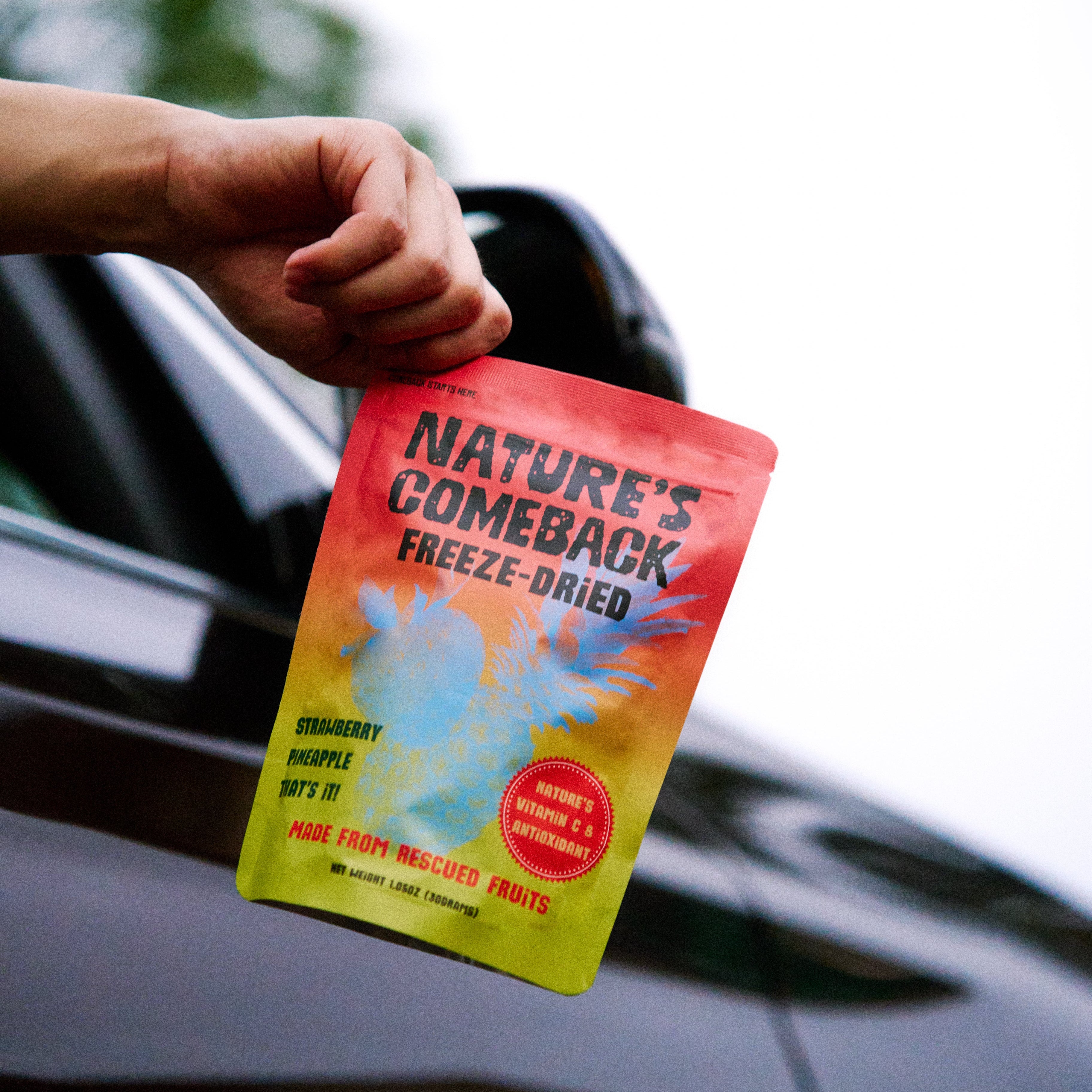 A hand holds a bag of Nature's Comeback Freeze-Dried fruit powder against a blurred background of a black car and bright sky.