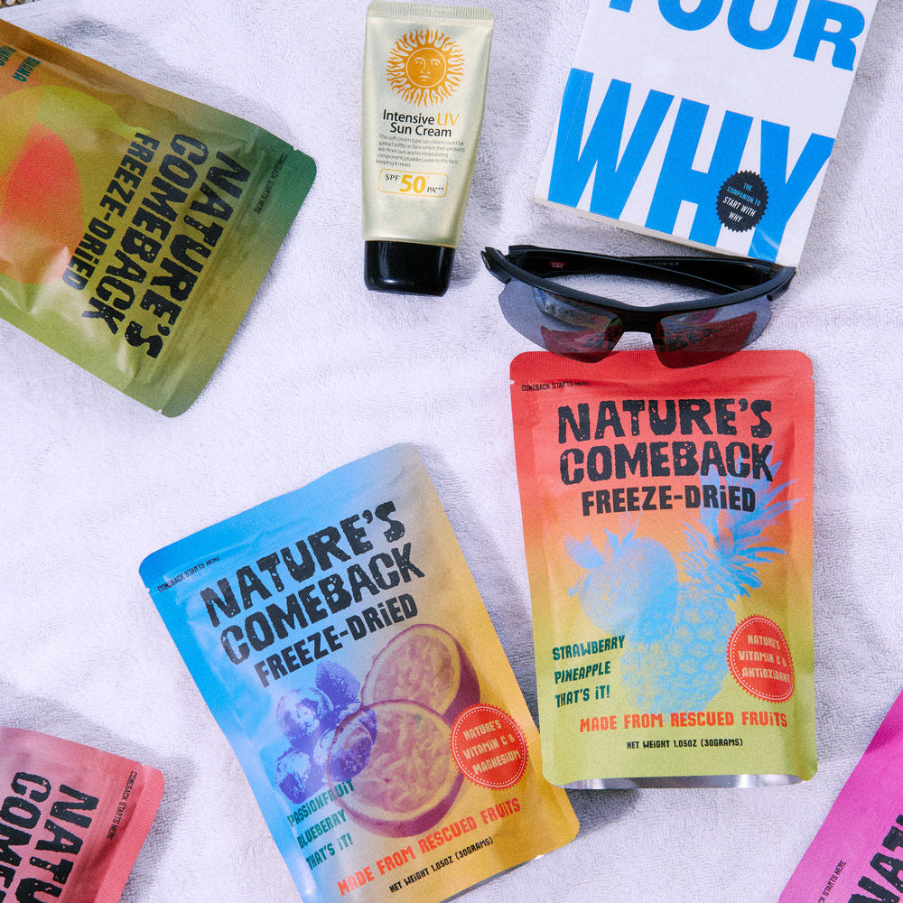 Nature's Comeback freeze-dried packages on a beach towel