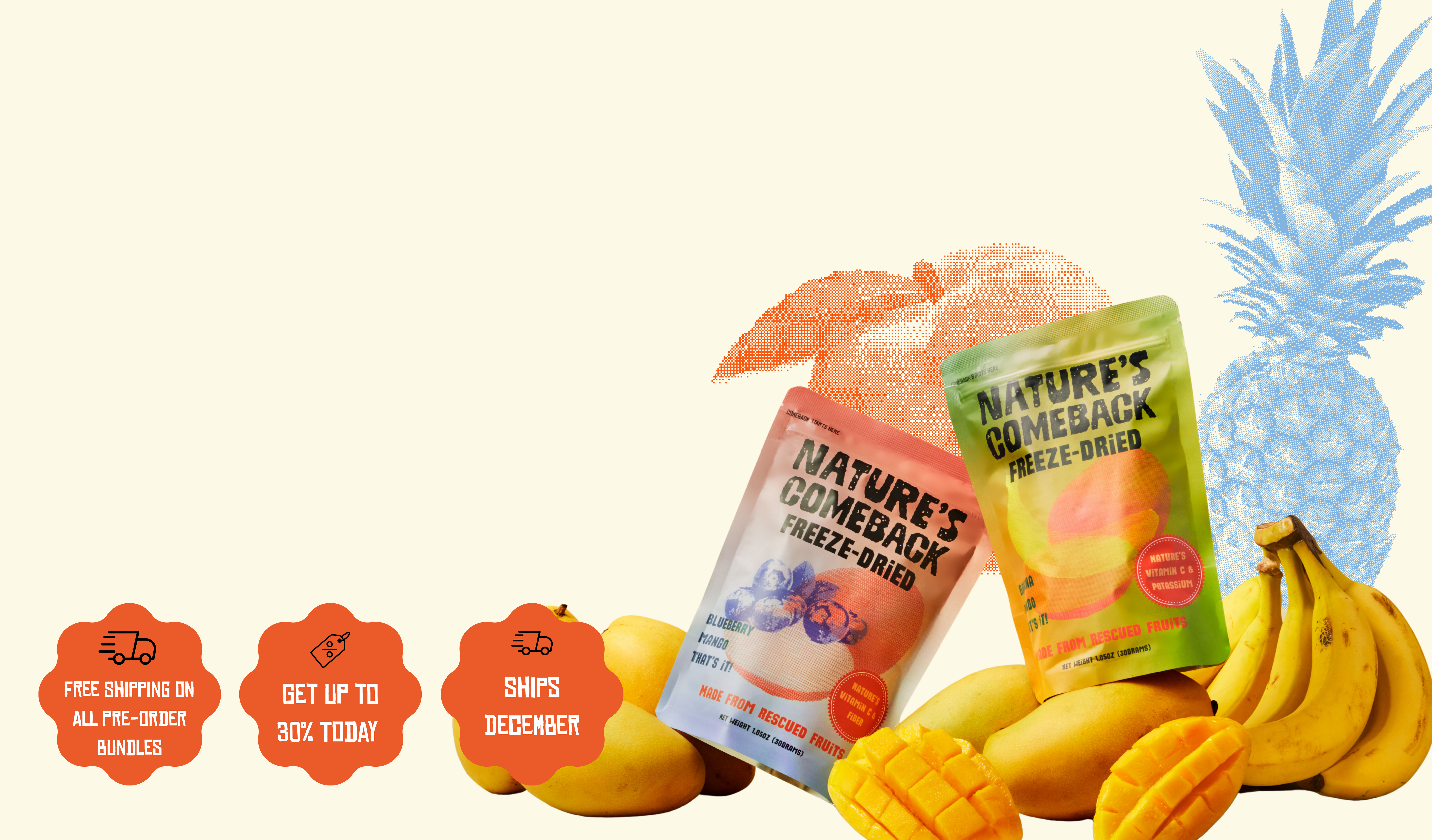 Two Nature's Comeback Freeze-Dried pouches, one orange and one green, displayed with mangoes and bananas on a light cream background, alongside promotional badges and a blue pineapple graphic.