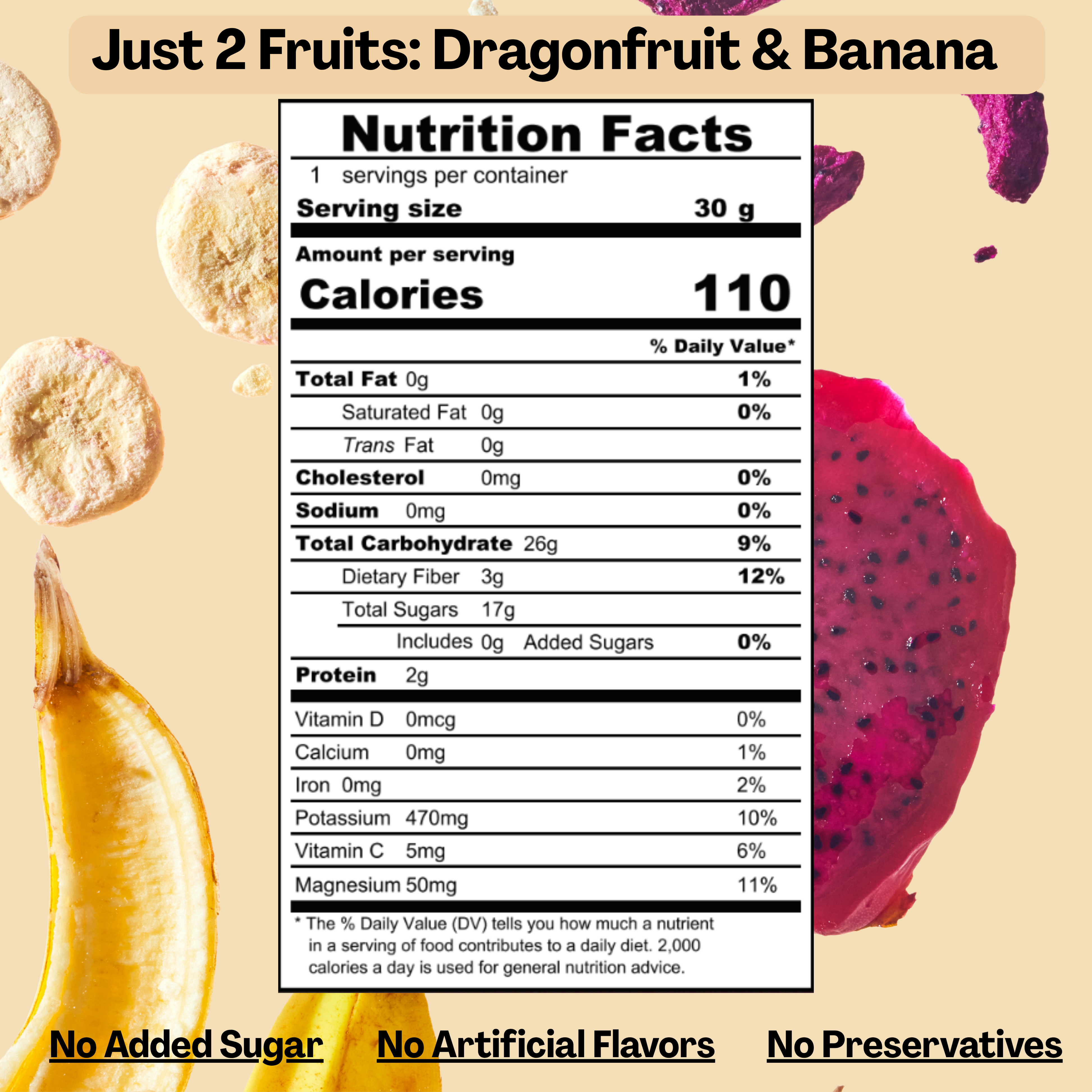 A nutrition facts label for a fruit snack mix on a beige background with banana slices, dried fruit pieces, and a dragonfruit slice. Text at the top reads 'Just 2 Fruits: Dragonfruit & Banana' and the label claims 'No Added Sugar', 'No Artificial Flavors', and 'No Preservatives'.