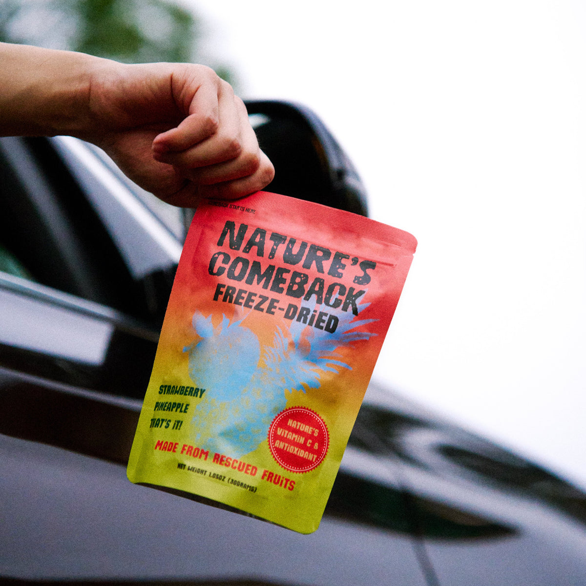 A hand holds a bag of Nature's Comeback Freeze-Dried fruit powder against a blurred background of a black car and bright sky.